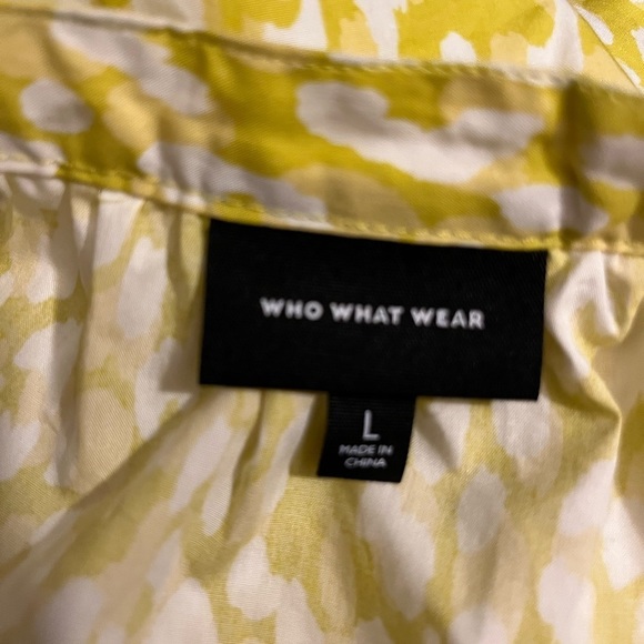 𝅺who what wear Puff Elbow Sleeve Shell Blouse yellow leopard print large nwot - Picture 4 of 4